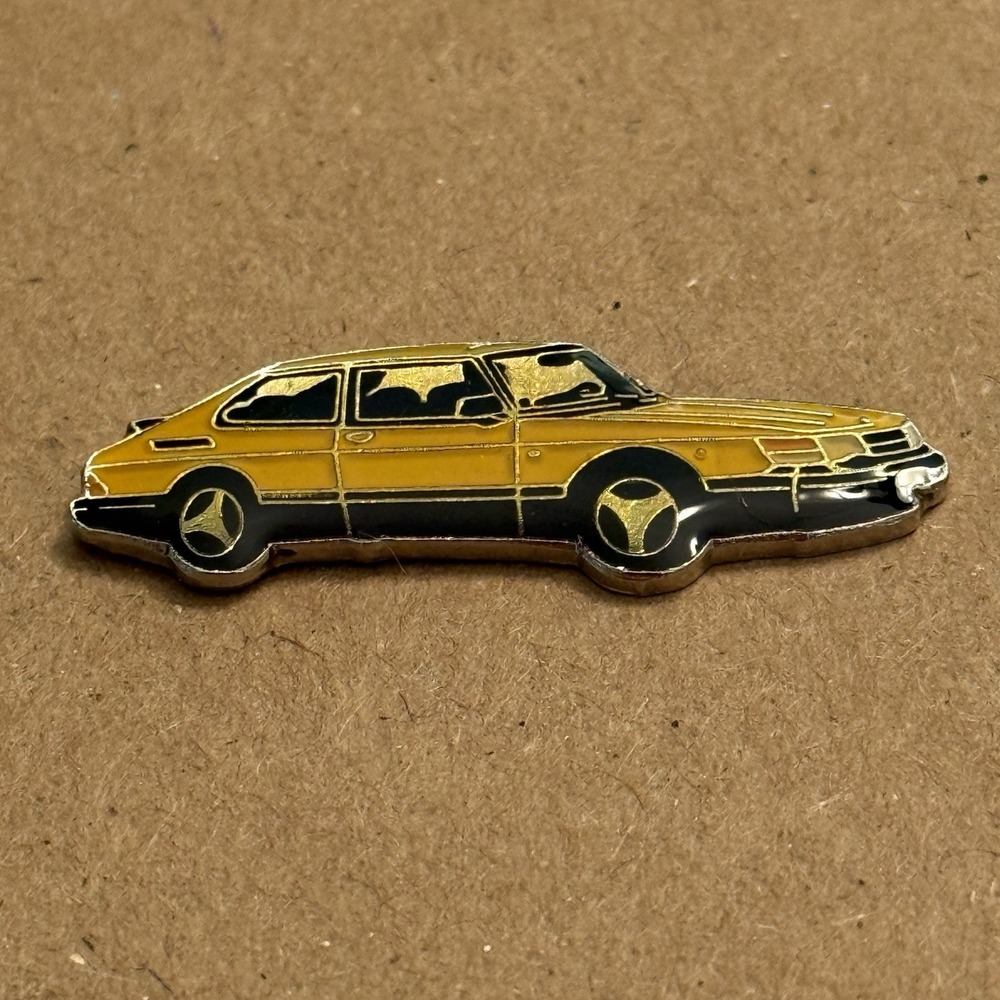 Saab 900 Turbo Yellow Automobile Swedish European Car Lapel Pin VTG